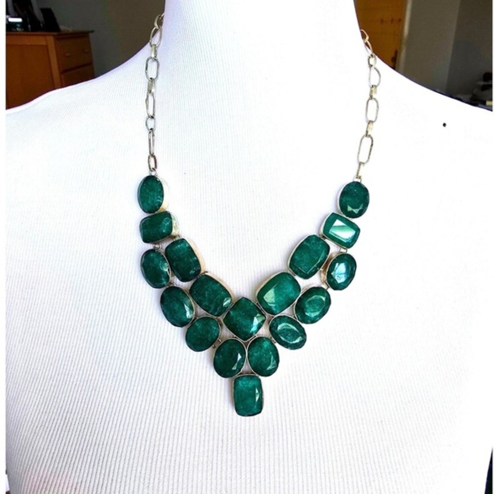 925 Sterling Silver Green Emerald Statement Bib Necklace‎ Handcrafted Jewelry